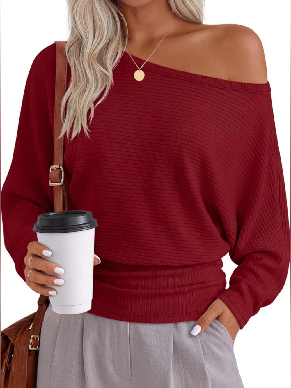 NWT Burgundy Off Shoulder Ribbed Knit Batwing Top Fall 2026 Large